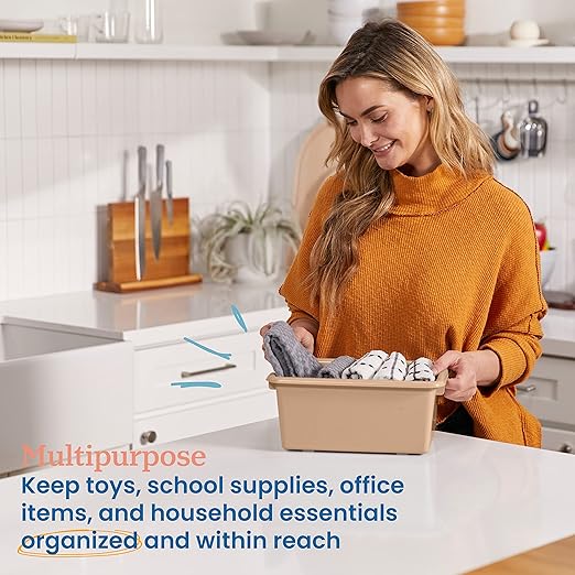 ECR4Kids Scoop Front Storage Bin, Multipurpose Organization, Sand, 5-Piece