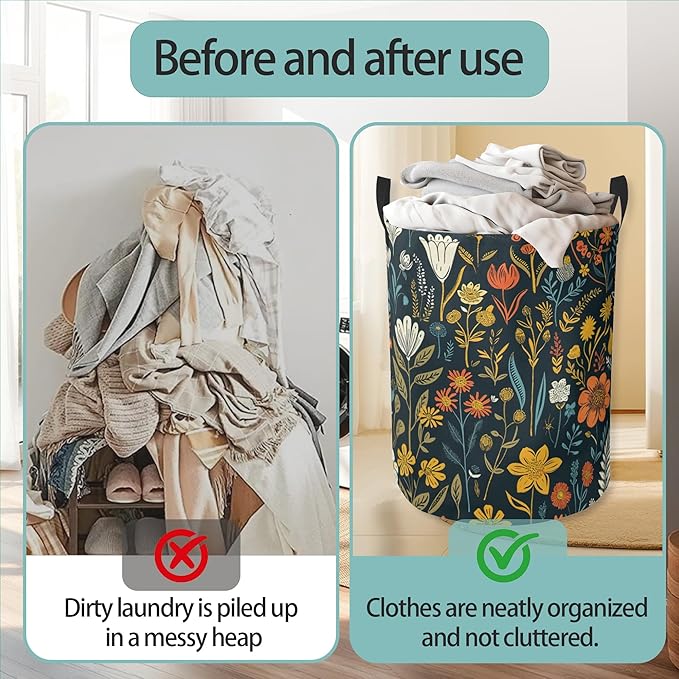 Wildflowers Laundry Basket With Handles Tote Bag Oxford Cloth Funny Laundry Hamper Clothes Storage Bucket Toy Organizer 16" X 20.8"For Bathroom/Laundry/Bedroom