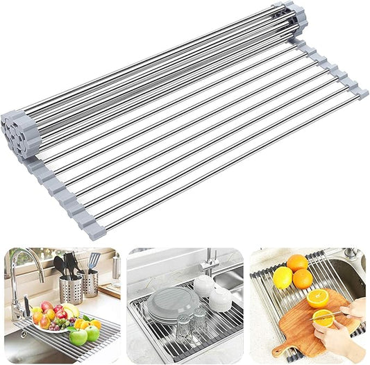 Over the Sink Dish Drying Rack, Searik Roll up Sink Dish Drainer Rack Foldable Kitchen Stainless Steel Dish Rack Sink Drying Rack (17.7” x 11.8”)