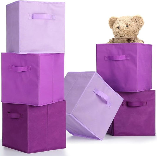 Karenhi 11" x 10.5" x 10.5" Purple Storage Cube, 6 Pack Fabric Cube Storage Bins Organizer Box, Collapsible Baskets with Handles Foldable Shelf for Cloth Toys Home Room Closet, Pack of 6