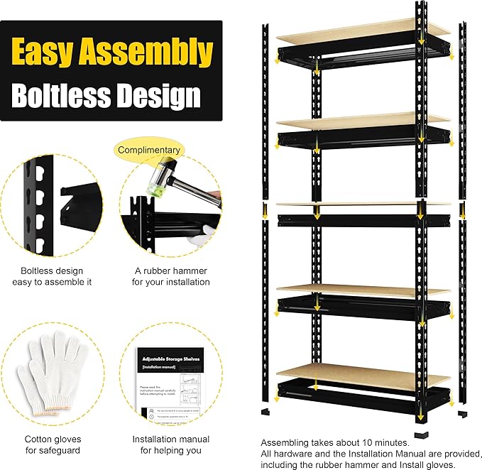 PrimeZone Storage Shelves 2 Pack 5 Tier Adjustable Garage Storage Shelving, Heavy Duty Metal Storage Utility Rack Organizer Shelf Unit for Warehouse Pantry Closet Kitchen Basement, Black