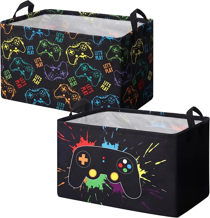 2 Pcs Gamer Laundry Basket Hamper Foldable Rectangle Kids Laundry Baskets Boys Hamper Waterproof Game Joystick Storage Basket Clothes Toys Organizer for Boys Bedroom Gifts