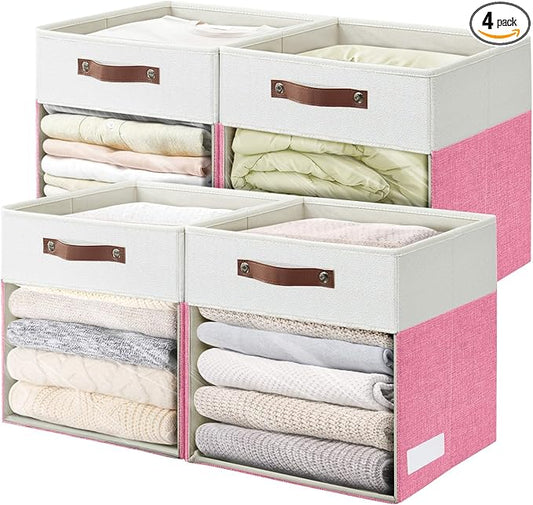 Bagnizer Storage Cubes, 4 Pack Linen Foldable Storage Bins (13 x 13 inch) with Clear Window and Handles, Fabric Organizer for Shelf Closet, Clothes, Books - (Pink and White)