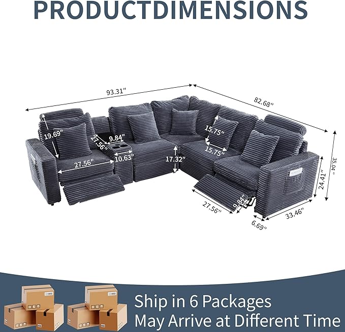 LEVNARY 5-Seat L Shaped Modular Sectional Sofa with Power Recliners, Faux Rabbit Fur Upholstery, Storage Console with Charging Ports & Cup Holders, Living Room Couch Set for Home Office (Gray)