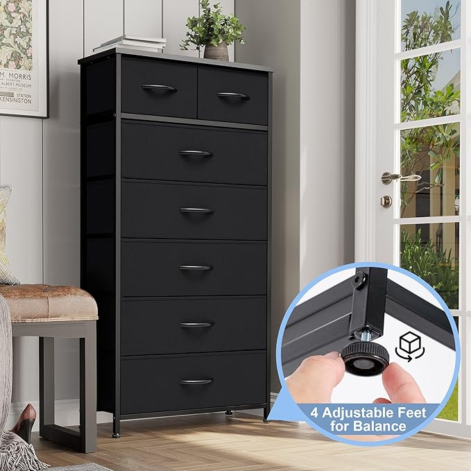 Crestlive Products Vertical Dresser Storage Tower - Sturdy Steel Frame, Wood Top, Easy Pull Fabric Bins, Handles - Organizer Unit for Bedroom, Hallway, Entryway, Closets - 7 Drawers (Black)