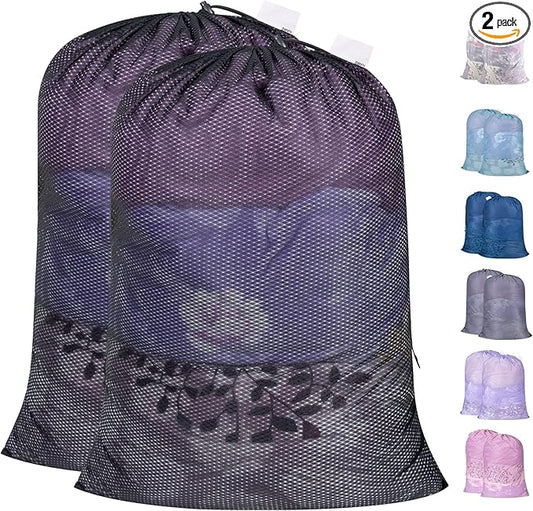 Polecasa Heavy Duty Extra Large Mesh Laundry Bags with ID Tag and Locking Drawstring Closure - 2 Pack, 30 x 36 inches - Laundry Hamper Liner, Washable Laundry Bag for Travel, Sports, Dorms (Black)