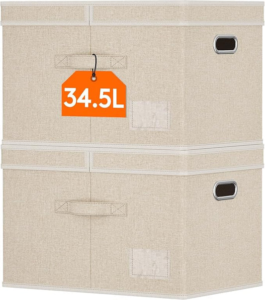 Lifewit Clothes Storage Bins with Lids, Fabric Foldable Storage Boxes with Handles, Decorative Closet Organizer, Stackable Cube Baskets Container for Bedroom, Office, 34.5L Large Beige, 2 Packs