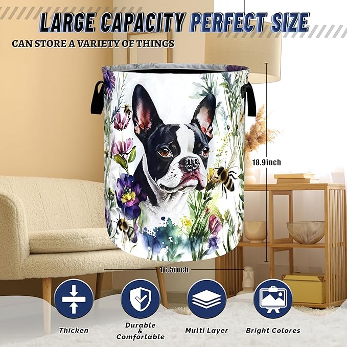 Dog Laundry Basket Foldable Pet Bees Flowers Laundry Hamper With Handle Portable Oxford Cloth Clothes Storage Basket Dogs Laundry Bag 18.9"x16.5" For Laundry Room/Bedroom/Bathrooms