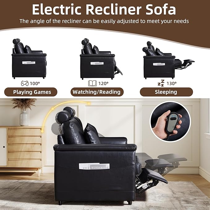 LEVNARY 3-Seater Modular Reclining Sofa, Upholstered Faux Leather Power Recliner Couch with 3 Electric Seats, 3 Pillows & Side Pockets, Adjustable Back & Footrest, Living Room Furniture (Black)