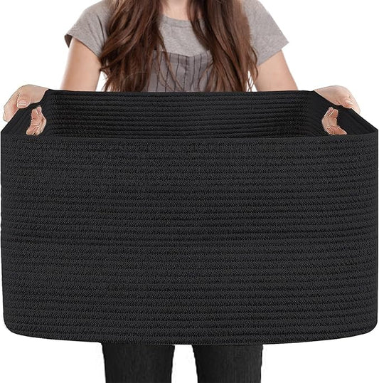 MEGASKET Extra Large Basket for Blankets, 23.6" x 17" x 12" Black Blanket Storage for Living Room, Big Cotton Rope Pillow Holder, Rectangle Kid Dog Toy Bin Box, Woven Laundry Basket, Shoe Bin Entryway