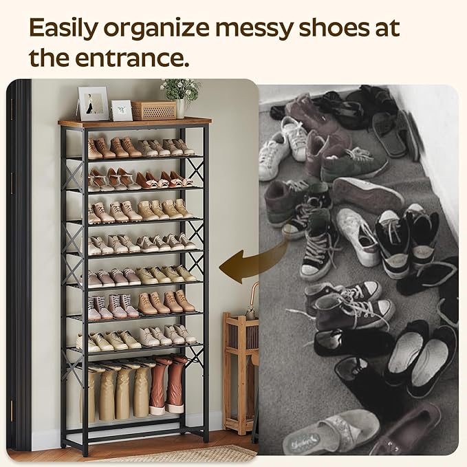 YATINEY Tall Shoe Rack for Entryway, Metal Shoe Storage Organizer with Boot Rack, 10 Tier Sturdy Shoe Rack for Closet, Space Saving Wooden Shoe Shelf, Black and Rustic Brown SS19BR