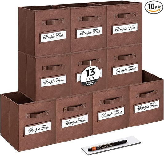 artsdi 13x13x13 storage cube bins (Set of 10) Fabric storage cubes with 10 Labels Window Cards & a Pen, storage cubes 13x13, Collapsible 13 inch cube storage bins, Cubby Organizer Boxes, Brown