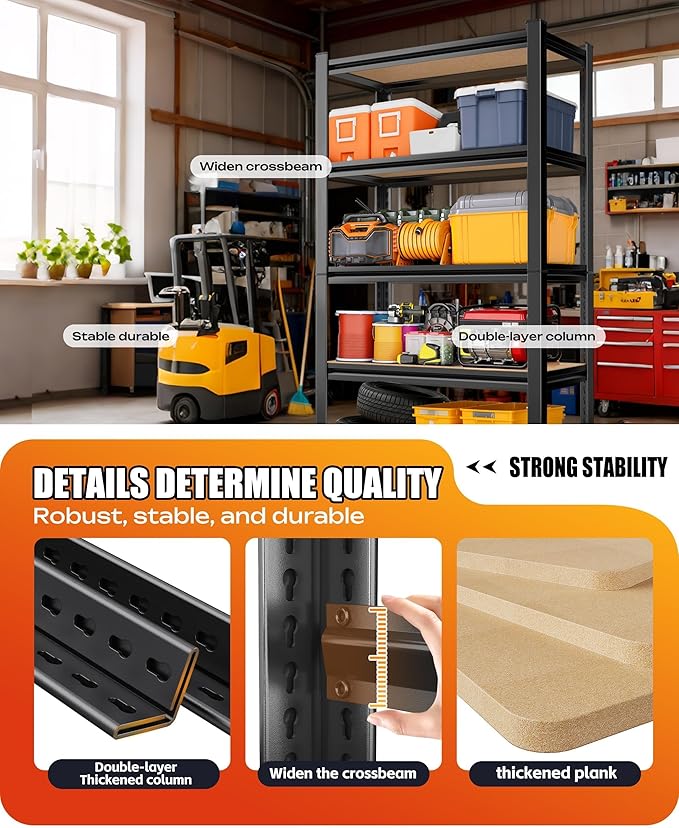 AOAORRG Set of 5 Garage Shelving Heavy Duty Storage Shelves, Metal Adjustable Shelving Unit, Utility Garage Organizer Shelf for Basement, Pantry, Kitchen, Warehouse, 31.5"W x 13.8"D x 71.2"H, Black