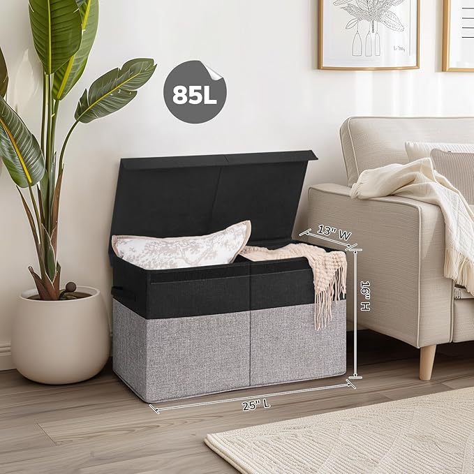 INDRESSME 25"x13"x16" Large Storage Box, Storage Organizer Collapsible Bins with Lids, Playroom, Living Room, Storage Baskets (Black & Grey)