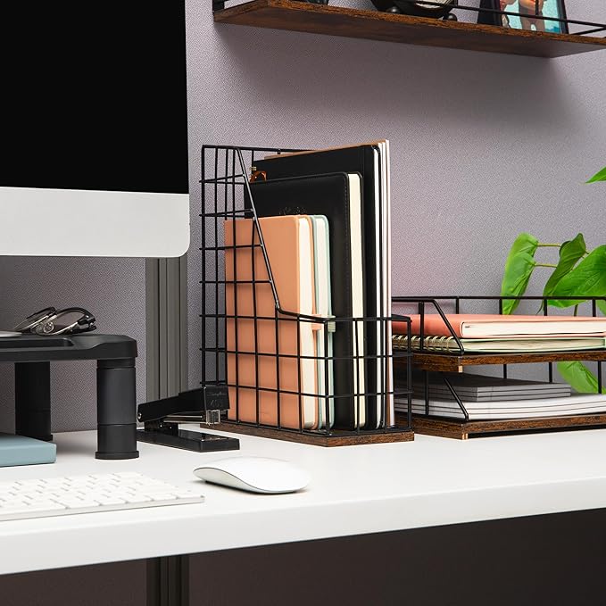 Mind Reader Vertical File Organizer with Wood Base and Black Metal Frame, Desktop Magazine Holder, Modern File Rack, Metal and Wood, Black