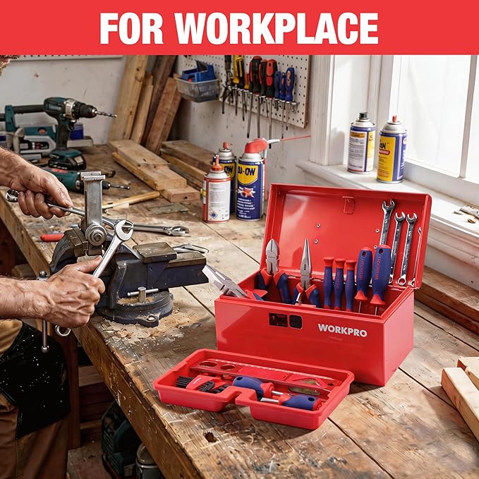 WORKPRO 10.8" Portable Mini Metal Tool Box with Removable Color-Matching Tray, One-Button Latch Toolbox, Steel Tool Chest with PP Handle, Compact Storage Organizer for Home, Office or Workshop