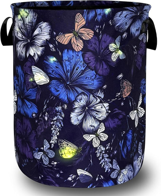Butterfly Laundry Basket Foldable Purple Blue Butterflies Laundry Hamper With Handle Portable Oxford Cloth Clothes Storage Basket Colorful Laundry Bag 18.9"x16.5" For Laundry Room/Bedroom/Bathrooms