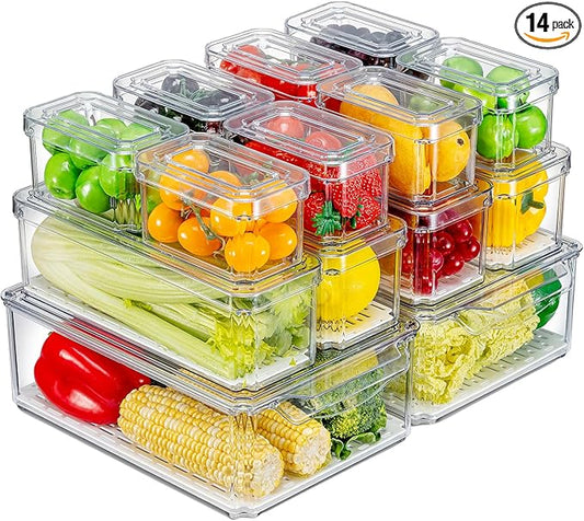 KUMD 14-Pack Clear Fridge Organizer Bins with Lids, Stackable Refrigerator Storage Containers, BPA-Free with Drain Tray & Anti-Slip Base for Fruits, Veggies, Drinks