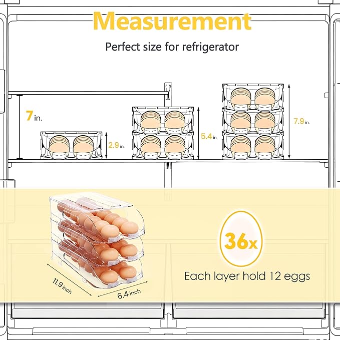 SMRCAD Egg Holder for Fridge, Automatic Steady Rolling Egg Container with Soft Bumpers & Handle for Refrigerator, Stackable Fridge Organizers and Storage with Lid