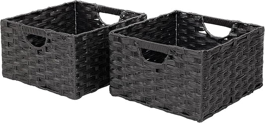 Seville Classics Premium Handwoven Portable Laundry Bin Basket with Carrying Handles, Household Storage for Clothes, Linens, Sheets, Black, Rectangular (2-Pack)