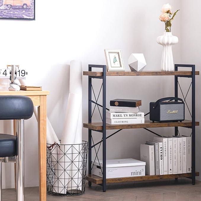HCHQHS Bookshelf, 3-Tier Industrial Bookcase, Rustic Open Book Shelf, Wood and Metal Horizontal Bookshelves