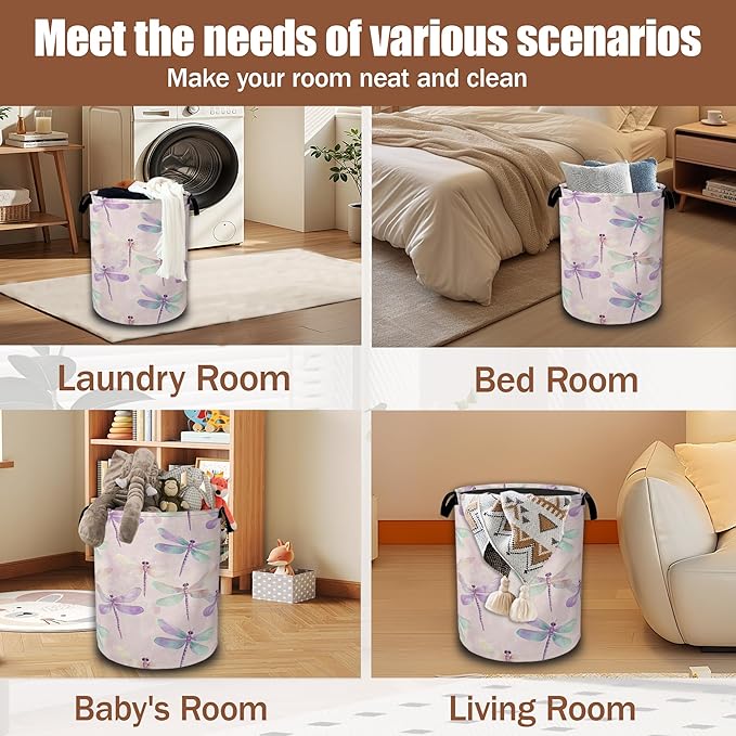 Watercolor Laundry Hamper,Purple Green Dragonfly Collapsible Laundry Baskets Waterproof Oxford Cloth With Handles,Clothes Storage Bucket Toy Organizer For Bathroom/Nursery/Bedroom 16" x 20.8"