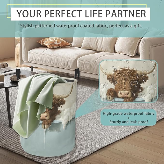 Highland Cow Bathing Round Laundry Hamper Storage Basket Toys Clothes Organizer Bin For Home Bathroom Bedroom Dorm Nursery