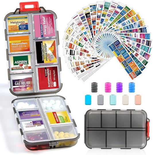 14 Grids Travel Pill Organizer Box with 415-Pcs Medicine Name Labels - Pocket Daily Pharmacy Case Container Kit - Travel Medication Holder Dispenser for Fish Oil Vitamin Supplement Storage -Clear Grey