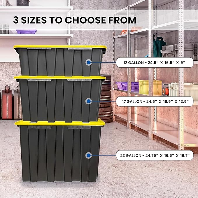 8 PACK Medium Black & Yellow Storage Bins | Plastic Tote Organizing Container with Secure Latching Lids, Stackable, Extra Strength with Built in Handle | Black and Yellow Bins | 24.5" x 16.5" x 9"