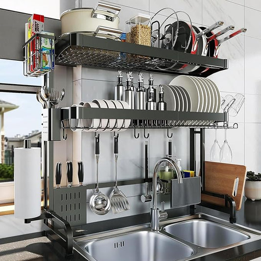 LIVOD Over The Sink Dish Drying Rack,3 Tier Adjustable Length Full Stainless Steel Large Storage Kitchen Dish Rack,for Kitchen Counter Expandable Multifunctional Organizers,Silver (25.5'' to 37.6'')