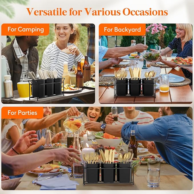Lifewit Plastic Silverware Caddy with Metal Rack, Utensil Holder for Party, Cutlery Flatware Organizer for Kitchen Countertop, Forks Spoons Knives Storage for Picnic Camping Outdoor Buffet, Black