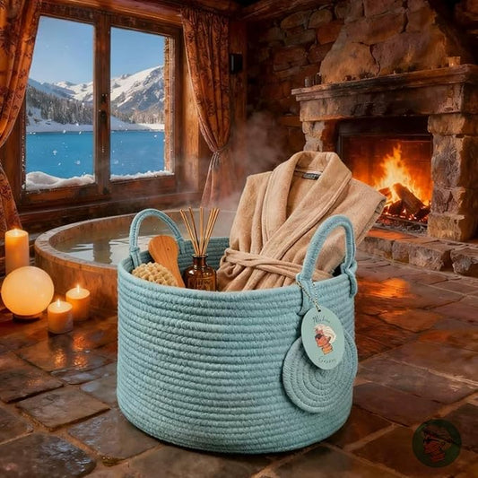Modern Granny Small Cotton Rope Laundry Basket 16x10 Inch Dual Secure Woven Handle for Living Room Closet Clothes Blanket Organization