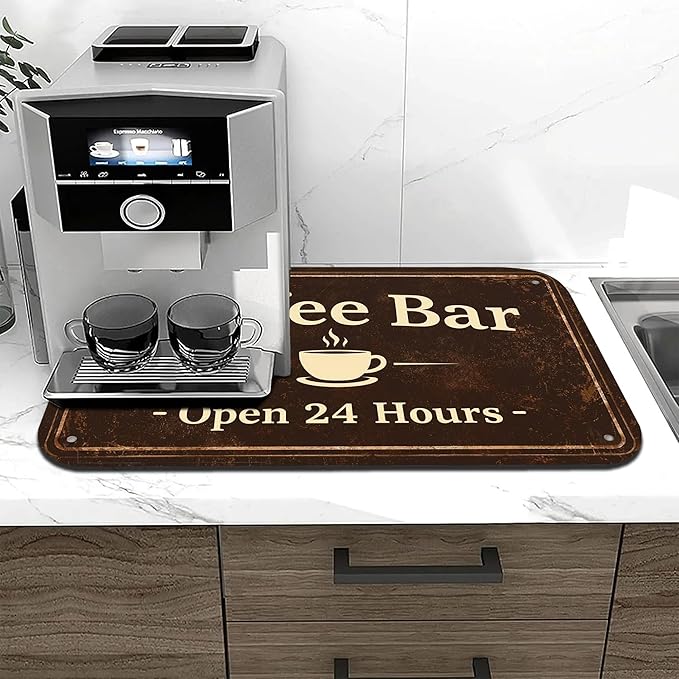 Vintage Coffee Bar Coffee Drying Mat 12" x 19", Absorbent Quick-Dry Mat, Non-Slip Waterproof Countertop Protector for Coffee Station and Espresso Machine