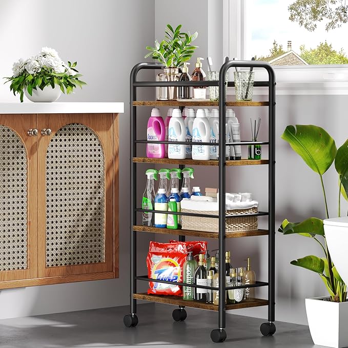 Asgolion Slim Storage Cart, 4-Tier Small Rolling Cart with Wheels, 9.1" Deep, Narrow Bathroom Shelf Trolley for Kitchen, Bathroom, Laundry Room, Rustic Brown Large 4-Tier (9.1" W x 33.6" H)