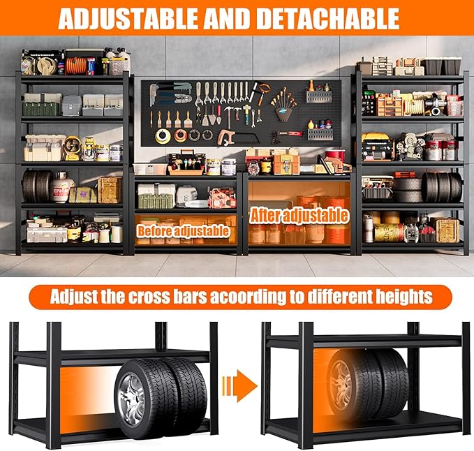 PRESTELION Garage Shelving 3500LBS Storage Shelves 5-Tier Adjustable Metal Shelving Units Garage Storage Shelves Heavy Duty for Industrial, Warehouse, Basement, Commercial, Black (87" H×48" W×24" D)