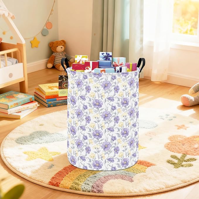 HUNRUNG Collapsible Fabric Storage Basket, Waterproof Laundry Hamper with Handles, Round Storage Bin for Clothes Toys, Foldable Organizer for Bedroom Nursery Bathroom(Round-Purple Flowers)