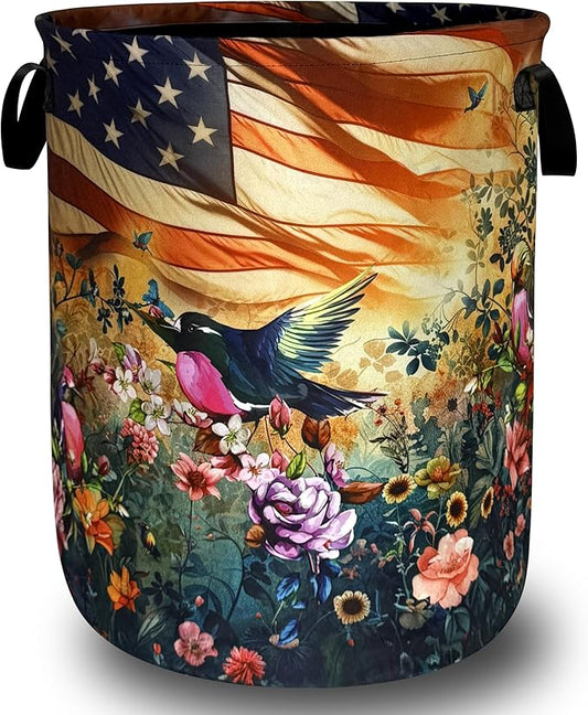 American Flag Garden Birds Laundry Basket Foldable Bird Laundry Hamper With Handle Portable Oxford Cloth Clothes Storage Basket Laundry Bag 18.9"x16.5" For Laundry Room/Bedroom/Bathrooms