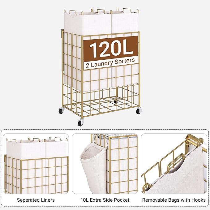 Laundry Basket with Wheels, Heavy Duty Laundry Sorter 2 Sections, 120L (32Gal.) Large Capacity Laundry Hamper with Wood Lid, 360 Rolling Wheels, Extra Side Pocket, Leather Pull Handle, Golden