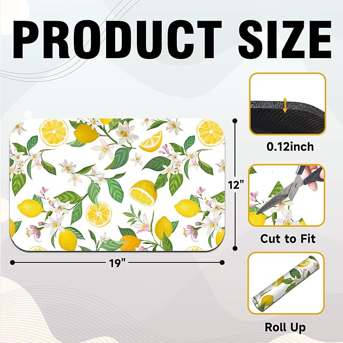 Lemon Floral Coffee Drying Mat 12" x 19", Non-Slip Absorbent Quick-Dry Mat, Coffee Station Accessory for Countertop Protection Decor