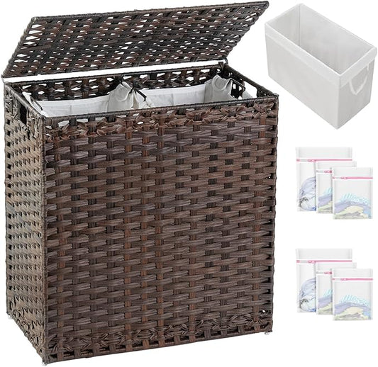 SETVSON Laundry Hamper with Lid Wicker Laundry Basket 112 L (29.6 Gal) Laundry Hampers Handwoven Rattan Laundry Hamper with Handles 3 Removable Washing Bag, 6 Mesh Bags for Bathroom Bedroom Brown