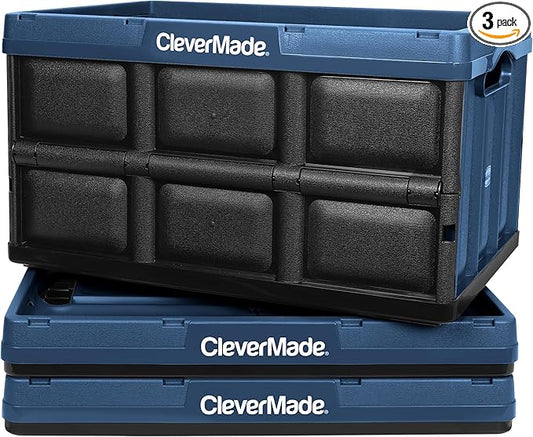 CleverMade Collapsible Storage Bins 46L (3-Pack) – Heavy Duty Collapsible Plastic Storage Bins, Stackable Folding Storage Bins for Car, Garage, Home Organization - Foldable Bins, Ocean