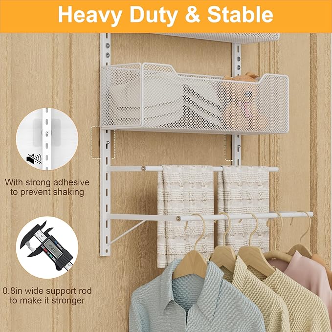 VyGrow Over the Door Storage Organizer with 3 Tier Mesh Baskets 2 Hanging Rods, 2 Mounting Options, Heavy Duty Clothes Hanger & Towel Rack for Bathroom Bedroom Office, White