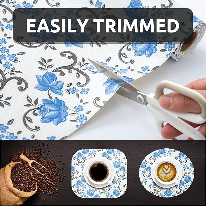 FIFTY FEET 12X120 Inch Shelf Liner for Kitchen Cabinets, PVC Drawer Liner for Dresser Non-Slip Bathroom, Non-Adhesive Cabinet Liner Washable (Blue Floral)(2 Roll)