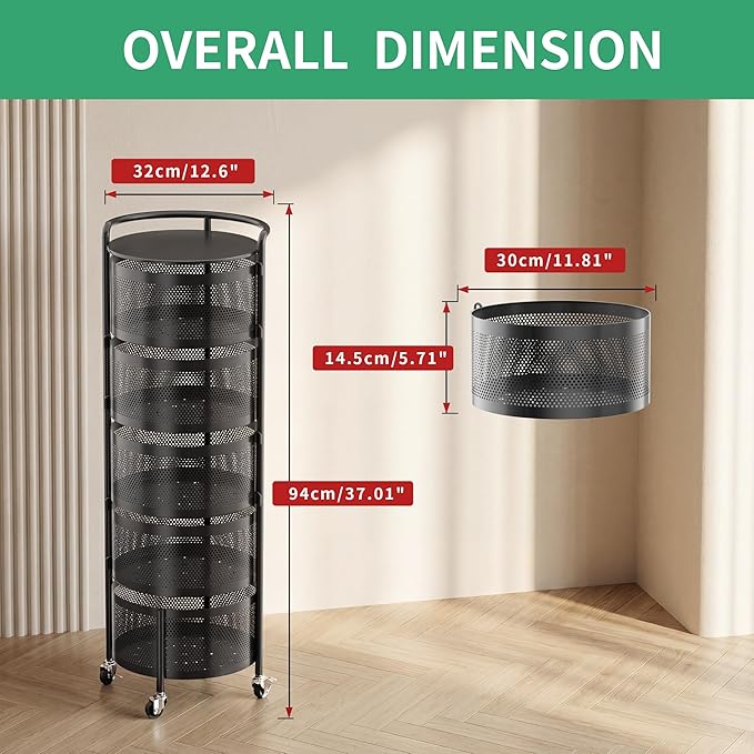 JAQ No Assembly Rotating Storage Cart, 5-Tier Rolling Kitchen Cart with Wheels, Round Large Capacity Fruit Vegetable Storage Rack, Easy Access Onion Potato Organizer, Heavy Duty Metal (Black)
