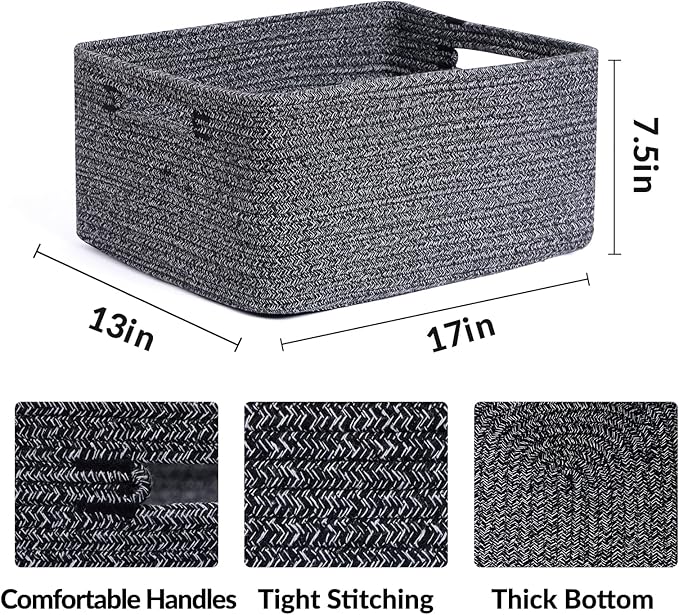 MiniArk Large Storage Baskets for Organizing, Closet Shelf Baskets for Clothes Blanket Towels, Baby Nursery, Toy Bins Box, Woven Rope Baskets, 17 x 13 x 7.5”, 4 Packs Dark Gray