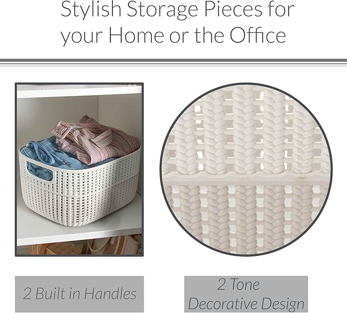 Simplify 2 Tone Sailor Knot Plastic Storage Tote | Decorative Basket | Closet Organization | De-clutter | Accessories | Toys | Bathroom Organization | Large | Ivory