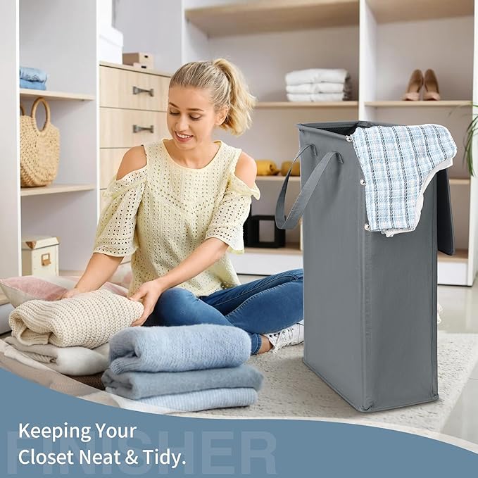 GOMAJI Slim Laundry Basket with Lid and Handles, Foldable Laundry Basket for Clothes, Clothes Hamper Easy to Carry, Dirty Hampers for Bedroom, Bathroom, Dorm, College, 12.7 Gallons(48L)