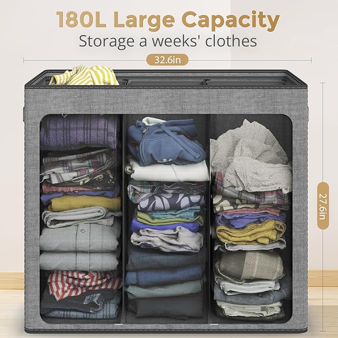 Optish 180L Laundry Hamper 3 Section, Large Laundry Hamper with Lid, Dirty Clothes Hampers with Handles, Laundry Basket Organizer for Laundry, Bedroom, Bathroom, Laundry Sorter Baskets, Grey