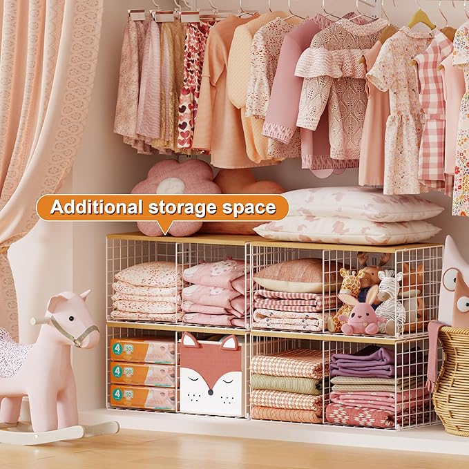 2 Pack Stackable Closet Organizers and Storage, 4 Cube Closet Shelves with Wood Top Board for Extra Clothes Storage, Small Metal Closet Shelf Organizer Bins Baskets for Sweater Sweatshirt Jeans, White