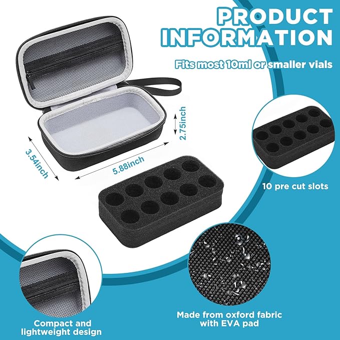 Teenyyou 10 Slots Insulin Peptide Fridge Carrying Case Vial Holder Storage Protector Bag, Fits Standard 10ml Vials, Insulin Cooler Travel Kits Case Organizer Diabetes Protector(Black)